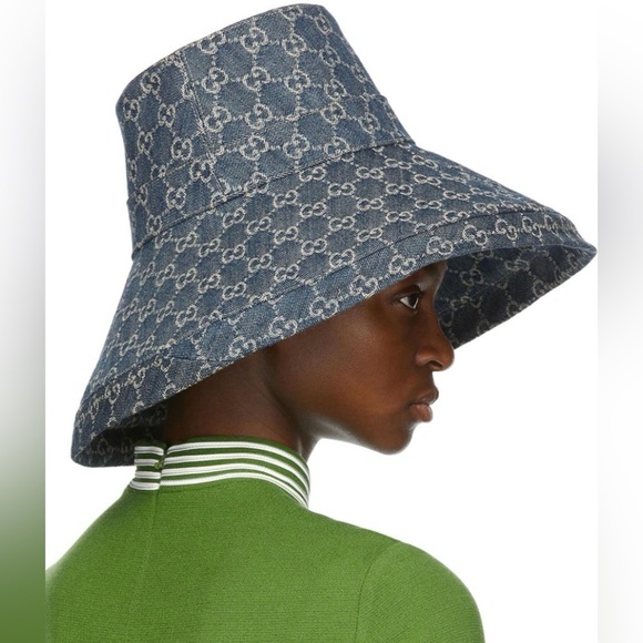 Gucci GG Monogram Bucket Hat Wide Large Brim Thick Denim Navy Allover Jacquard - Picture 11 of 15